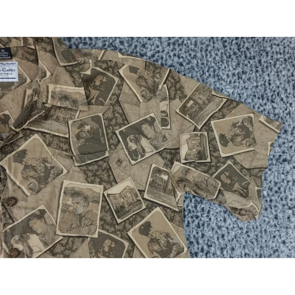 David Carey Elvis Presley Shirt Mens XL Brown Good Postcard Print Cotton Rayon